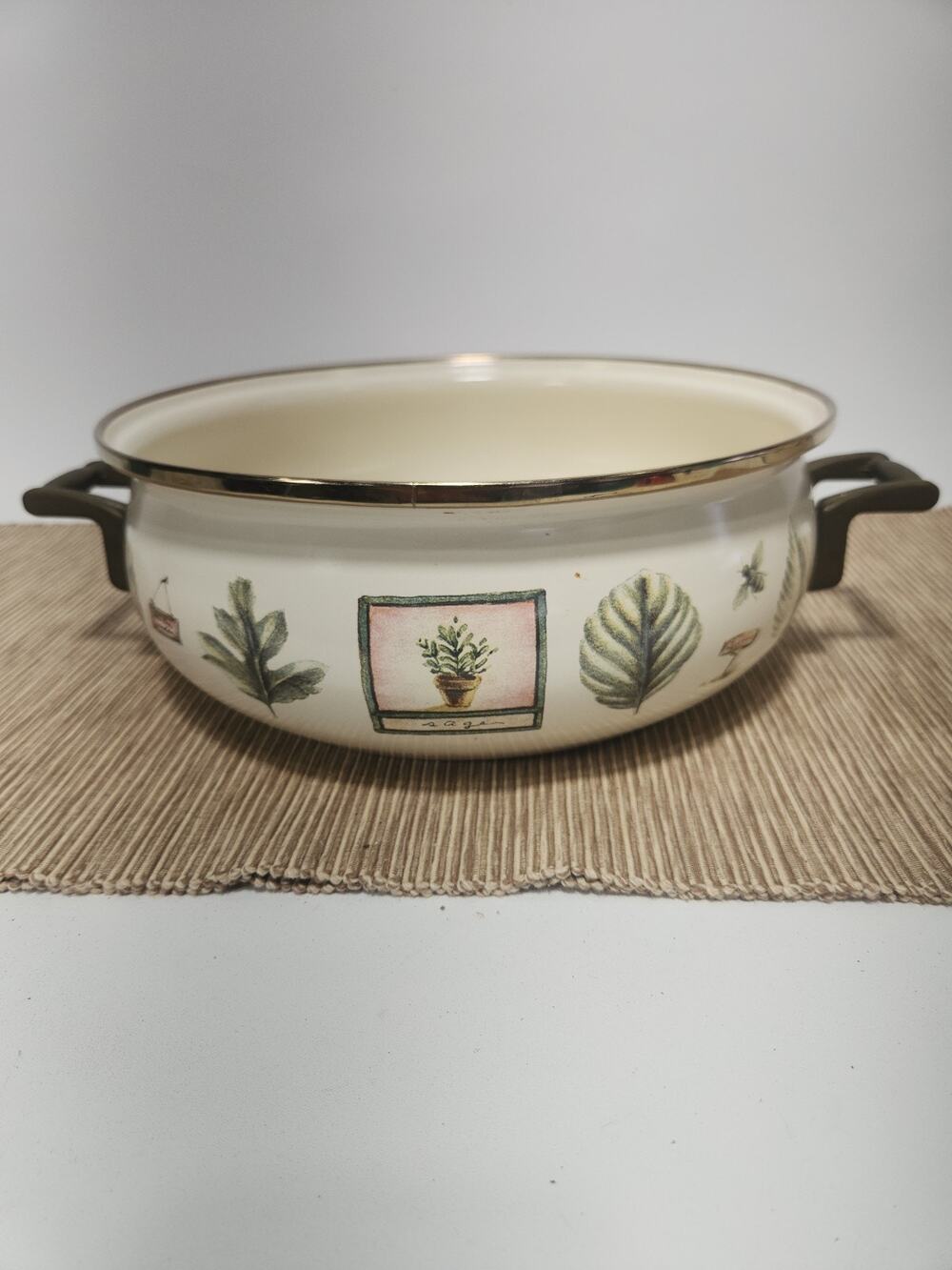 Vintage Enamelware Botanical Herb Casserole Pot 10" White Enameled Steel